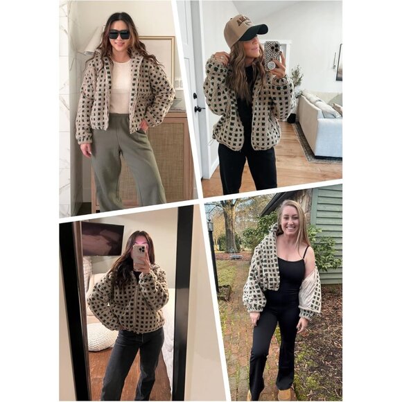 Women Sherpa Fleece Jacket Long Sleeve Checkered Warm Outwear with Pockets - Picture 4 of 6